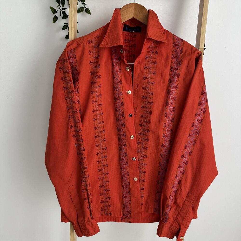 Alpana Bawa Designer Men’s Orange Cotton Button‑Down | Hand‑Embroidered Shirt M
